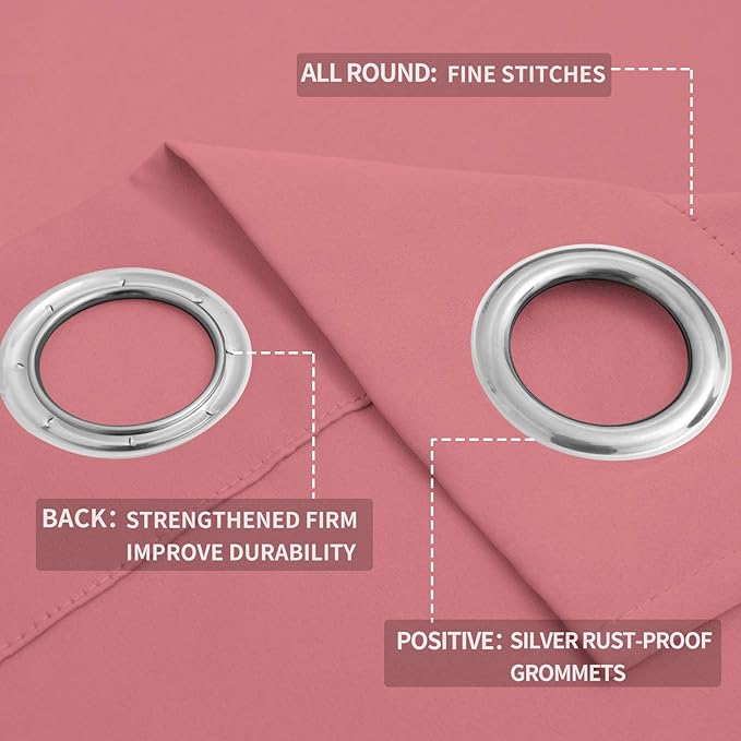 Easy-Going Blackout Curtains for Bedroom, Solid Thermal Insulated Grommet and Noise Reduction Window Drapes, Room Darkening Curtains for Living Room, 2 Panels (52x108 in,Pink)