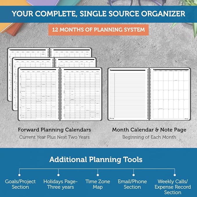 Planner Pad Spiral Bound January-December 2026/ Calender Year 8 1/2" x 11" Large 3-Tier Funnel Down 12 Month Organizer, Black Cover/Black Ink
