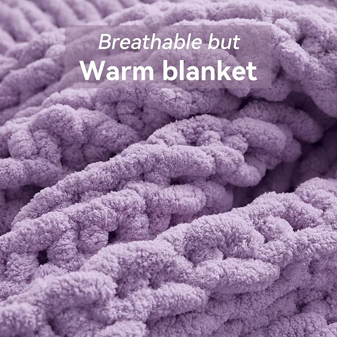 Chunky Knit Throw Blanket, 30''*40'' Knitted Throw Chenille Yarn for Bed Couch, Handmade Light Purple Crochet Big Thick Blanket, Machine Washable Cute Comfy Blanket for Home Decor
