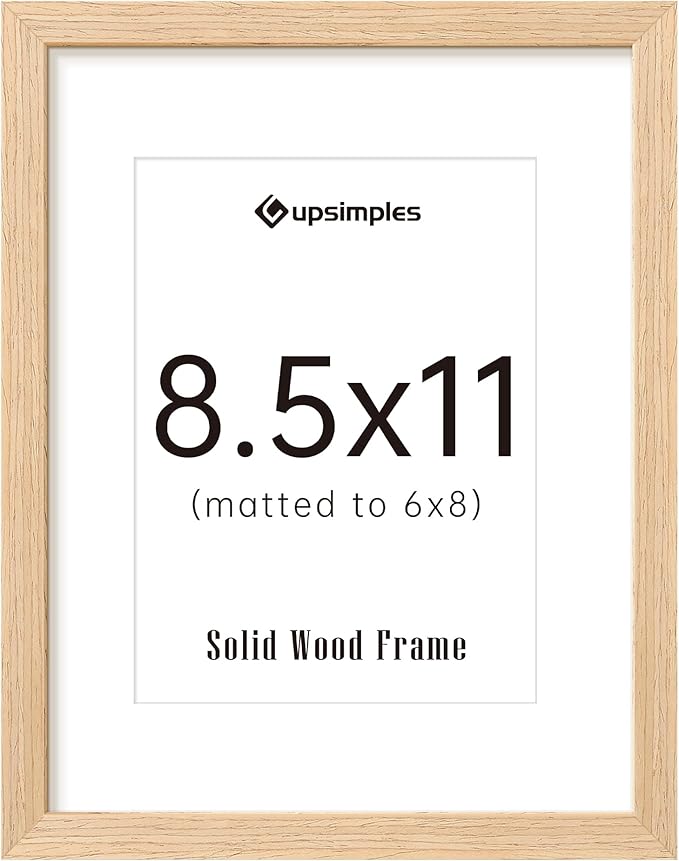 upsimples 8.5 by 11 Picture Frame, Natural Solid Wood Picture Frames, Display 6x8 with Mat or 8.5 x 11 Without, Wall or Tabletop, 1 Pack, Natural