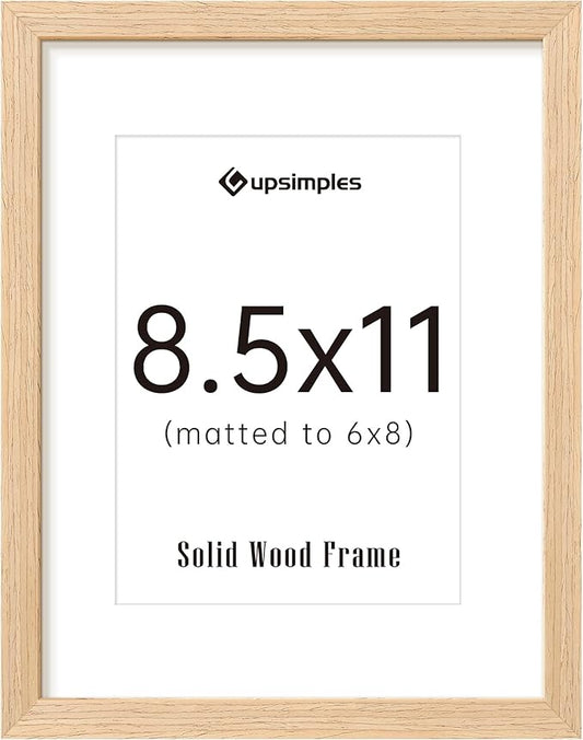 upsimples 8.5 by 11 Picture Frame, Natural Solid Wood Picture Frames, Display 6x8 with Mat or 8.5 x 11 Without, Wall or Tabletop, 1 Pack, Natural
