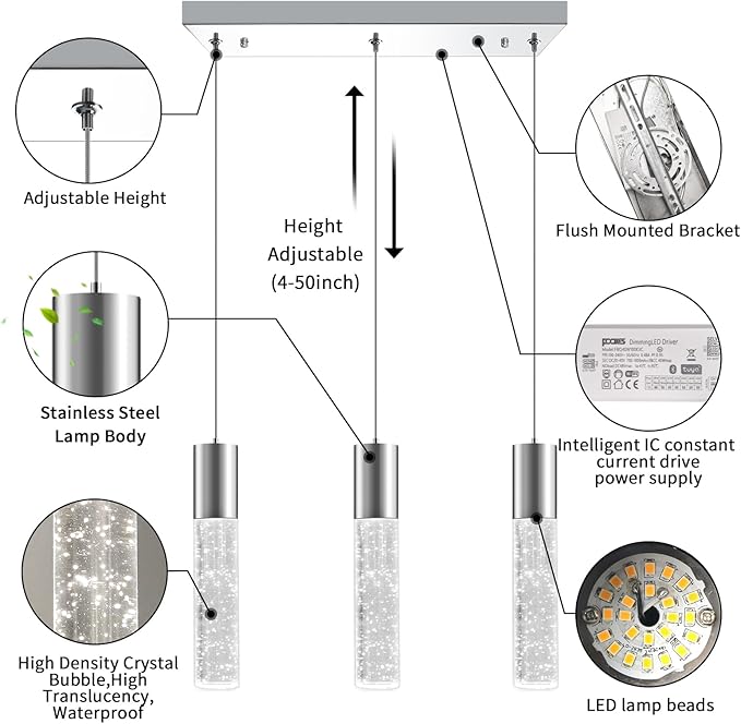 OKELI Smart 3-Light LED Pendant Lighting for Kitchen Island, 18W 1350LM Adjustable 3000K-6000K, Dimmable via TUYA App & Voice Control (Alexa/Google Home), Modern Crystal Bubble Pendant,Chrome Square