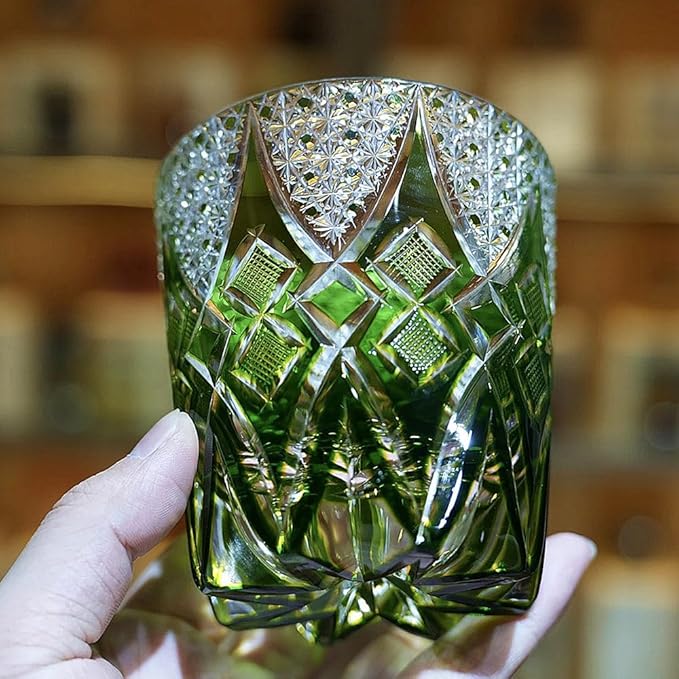 JEKE Edo style Hand Carved Drinking Glass Crystal Whisky Glass 340ml Tumbler For Whiskey Cocktail-Vodka-Beer Drinkingware Glasses In Gift Carton (Green)