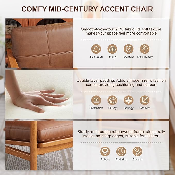 Mid Century Modern Accent Chair, Wooden Accent Chairs, Accent Chairs for Living Room, Wood Frame & Soft Cushion, Reading Leisure Chair for Living Room, Reading Room, Bedroom
