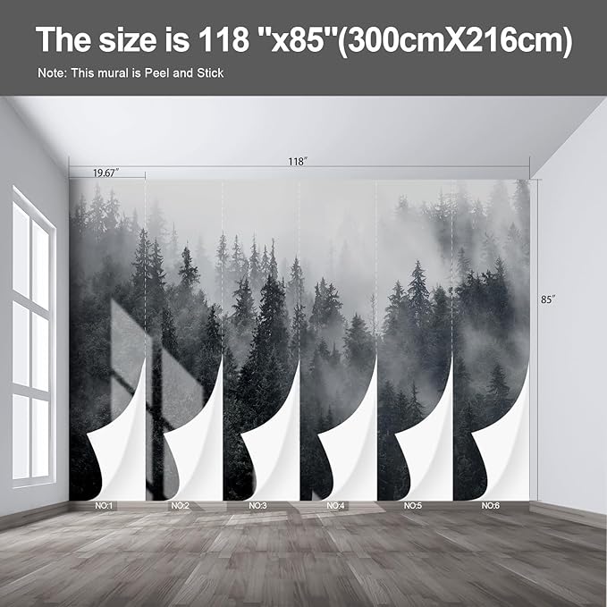 Misty Forest Landscape Wall murals Woodland Tree Peel and Stick Wallpaper for Bedroom Living Room - 85"x118"