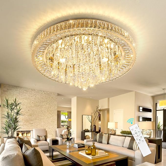 Modern Crystal Chandeliers for Living Room Ceiling Light Fixture LED Dimmable Lamp with Remote Pendant Lighting Flush Mount Ceiling Light for Dining Room Bedrooms Foyer