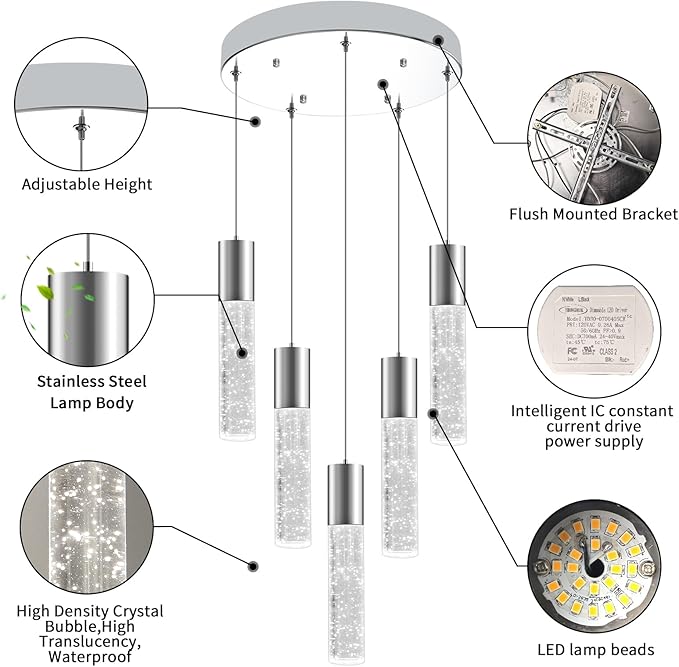 OKELI 5-Light Pendants Light for Kitchen Island Dining Room, 6000K Bubble Crystal Modern LED Kitchen Hanging Lights, 30W Chrome Pendant Lighting Fixture, Round