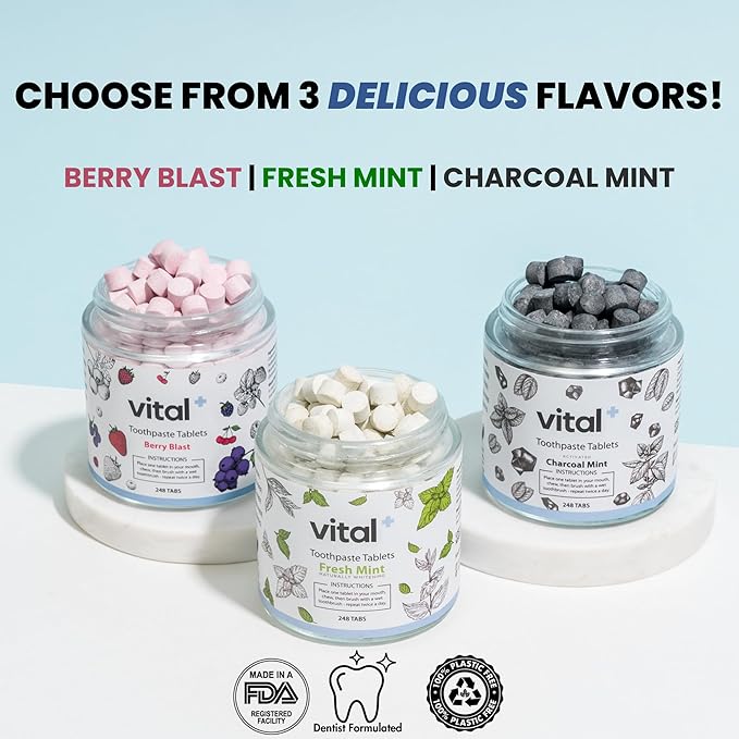 Vital Toothpaste Tabs with Nano-Hydroxyapatite | Naturally Whitens + Remineralizes Teeth | Fluoride & Plastic Free | Combats Sensitivity | Travel & Eco Friendly | Charcoal Mint | 248 Tablets (4 Month)