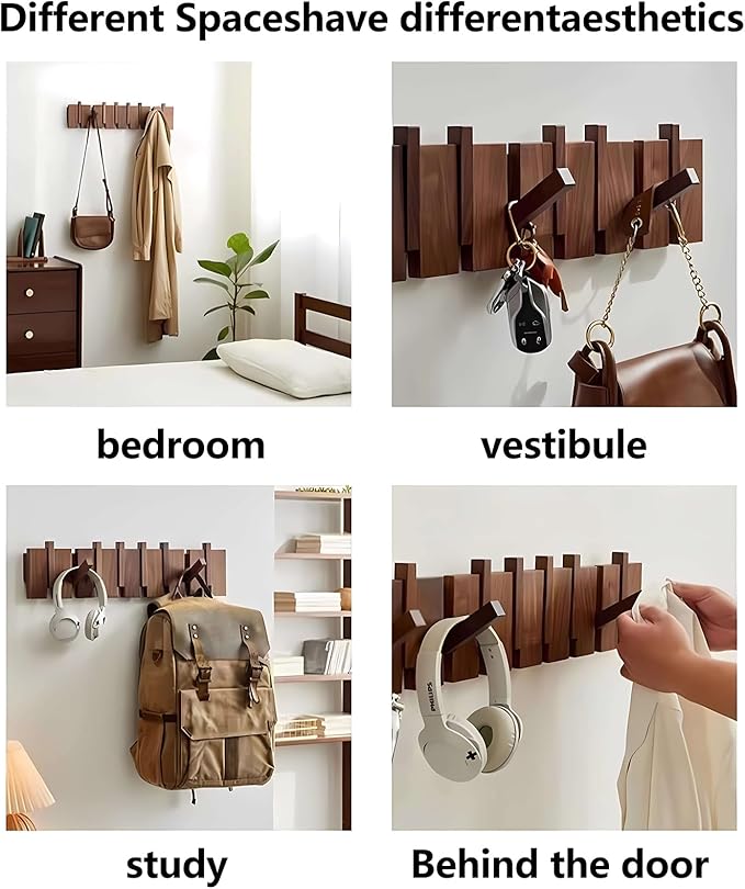 Wall Mounted Piano Key Hanger | Flip Style Hook | Entrance Wall Art Hook, Made of Oak Wood (3 Times Painted, 4 Times Polished) (Fence Walnut, 10Hooks)
