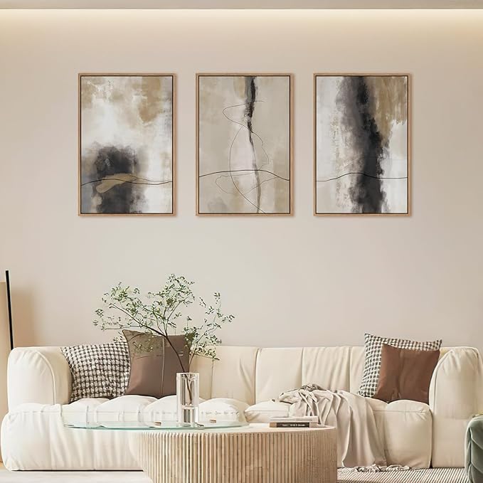 HPINUB Large Modern Abstract Framed Canvas Wall Art Set,Geometric Line Black White and Beige Textured Wall decor Neutral Gray Minimalist Art Print for Living Room,Bedroom,Dining Room,Office -16"x24"x3