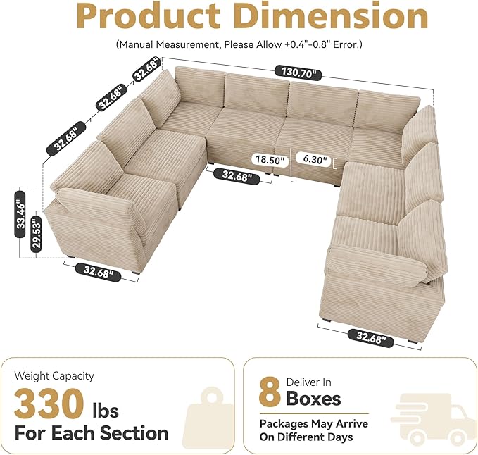 Modular Sectional Sofa with Chaise U Shaped Sectional Couch for Living Room, 8-Seater Comfy Cloud Couches, Plush Corduroy, Beige