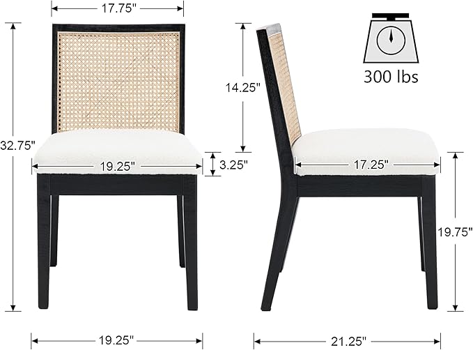 VESCASA Upholstered Dining Chairs with Square Rattan Back, Armless Padded Sherpa Fleece Cushion Dining Chairs with Wood Legs for Dining Room, Kitchen, Set of 2, Black Frame