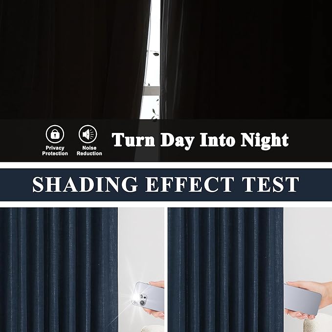 Vision Home Navy Blue Pinch Pleated Full Blackout Curtains Linen Blended Room Darkening Curtain Panels 108 inch for Living Room Bedroom Thermal Insulated Pinch Pleat Drapes with Hooks 9FT 40"Wx108"Lx2