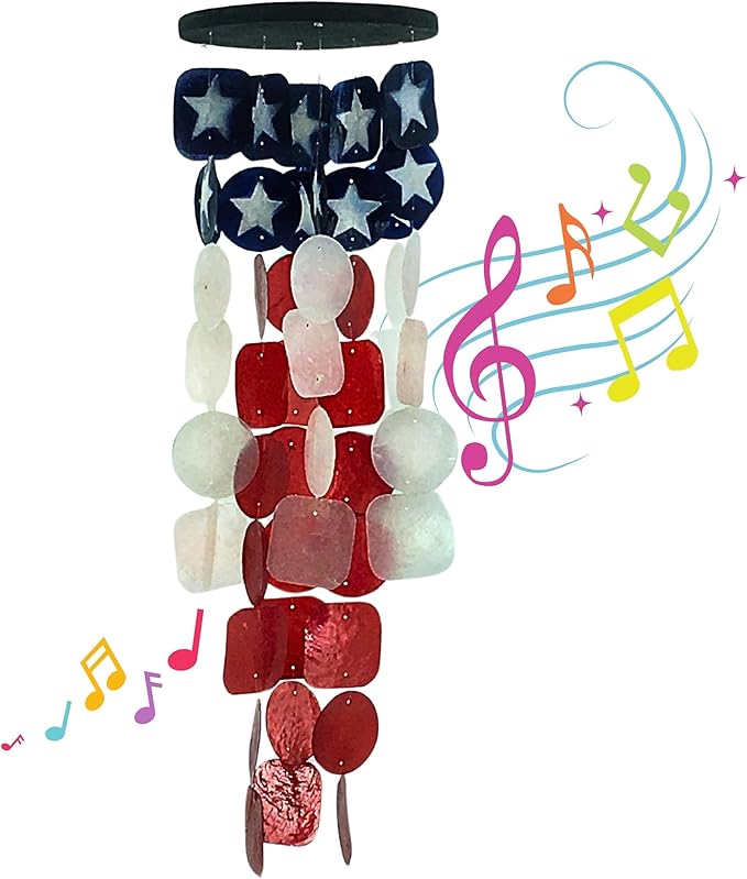 Bellaa 24834 Wind Chimes Outdoor, Garden Decorations, Musical, Indoor/Outside Windchimes, Beach, Ocean Breeze, Gifts for Mom, Gift for All Occasions, Capiz Sea Glass Shells Wood American Patriotic