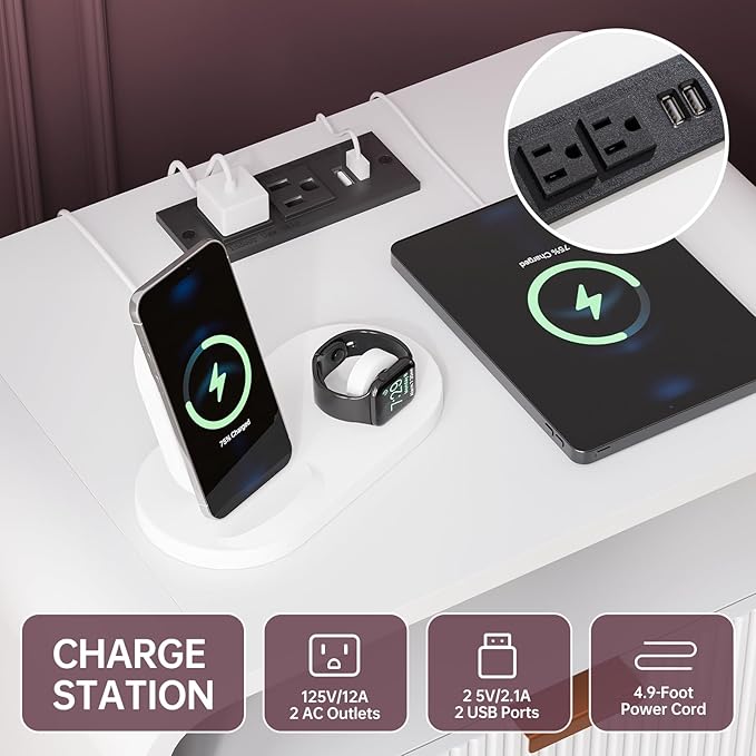 FURSUN 24" Fluted Nightstand with Charging Station, Wooden End Table with 2 Drawers Storage, Curved Profile Design, Modern Bedside Cabinet for Bedroom Living Room, White