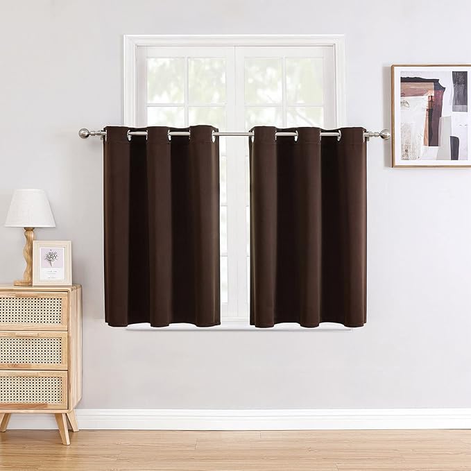 ChrisDowa Small Window Curtains for Kitchen and Bedroom - Grommet Short Thermal Insulated Room Darkening Curtains (2 Panels, Brown, 52 x 36 Inch)