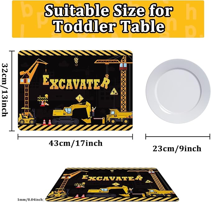 Construction Placemats Set of 6 Toddler Plastic Table Mats Dump Truck Place Mats Washable Vinyl Nursery Homeschool Table Decoration for Indoor Outdoor Party Kitchen Dining