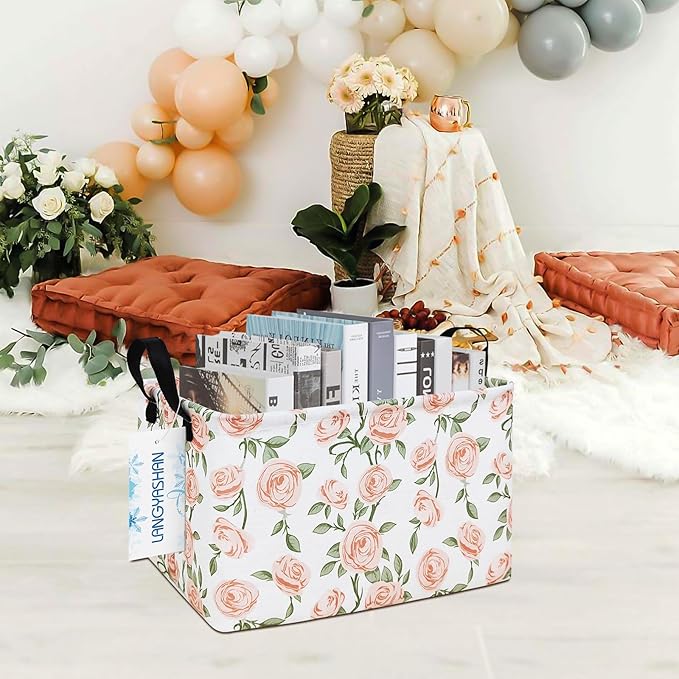 LANGYASHAN Rectangular Storage Bin Collapse Canvas Fabric Cartoon Storage Basket with Handles for Organizing Home Kitchen Boys and Girls Toys Office Closet Shelf Baskets (Rec Champagne Rose)