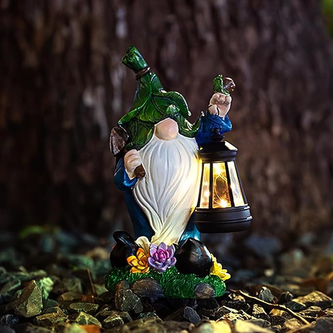 Solar Gnome Garden Figurine Yard Lights with Solar Lights Lantern & Shovel - Outdoor Yard Art Lawn Ornaments for Porch Patio Balcony - Gnome Gifts for Women Mom