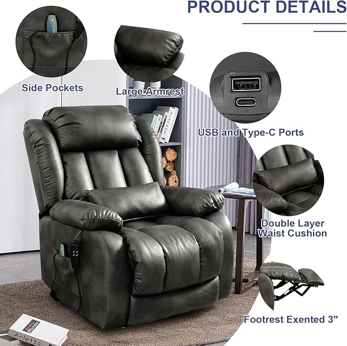 MAEVIS Large Genuine Leather Power Lift Recliner Chair, Dual Motor Recliner for Elderly,Extended Footrest and Lumbar Pillow for Tall Man,with Heat and Massage, USB and Type-C Ports(Silver Gray)