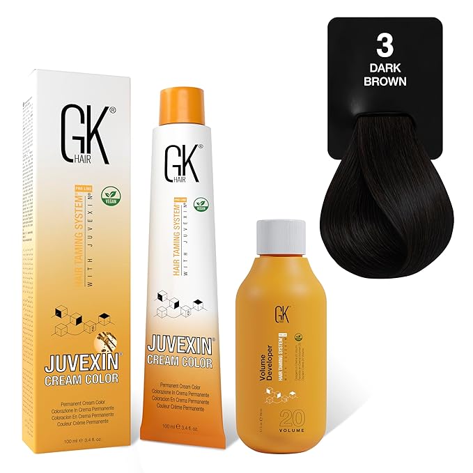 GK HAIR Global Keratin Natural 3 Dark Brown Hair Color Cream Tube (3.4 Fl Oz/100ml) + 20 Volume Developer (5 Fl Oz/150ml) - Professional Permanent Long Lasting Toner Dye