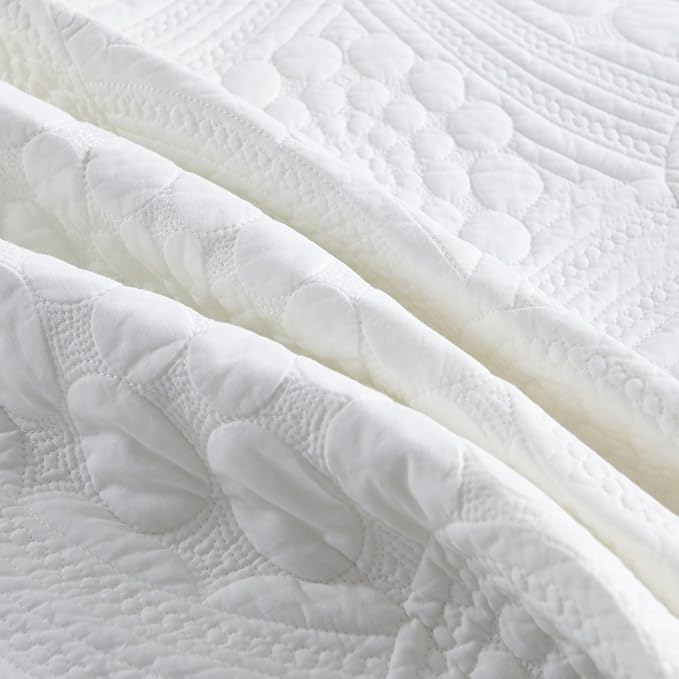 MarCielo 3-Piece 100% Cotton Oversized Bedspread Lightweight Quilt Coverlet Embroidery Farmhouse Bedding (Tf Bright White, Oversized Queen (100"x106"))