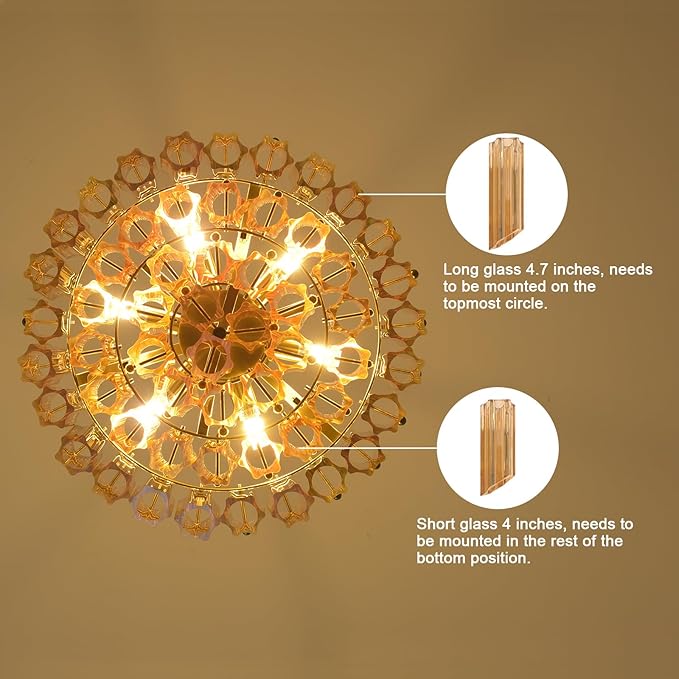 Modern Amber Glass Chandelier, 14" Round Crystal Dining Room Pendant Light Chandelier, Luxury Brass Hanging Fixture for Bedroom, Gold Kitchen Island Light, Dimmable Small Ceiling Lighting Chandeliers