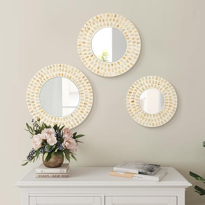 Boho Mirror Wall Decor for Living Room, 3PCS Natural Mother of Pearl Decorative Mirror for Farmhouse Rustic Home, Hanging Sculptures for Women Bedroom Hallway Porch Decoration (Light Brown)