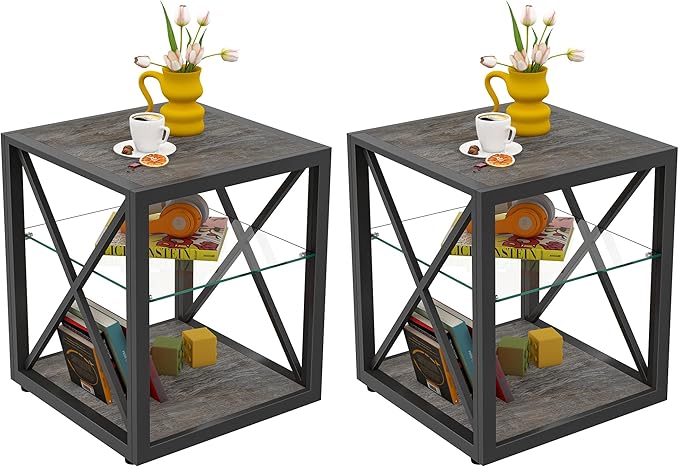 Farmhouse End Table Set of 2, Modern Side Table with 3-Tier Storage Shelf, Square Rustic Nightstand, Accent Tea Table, for Bedroom Office Living Room, Grey, Natural Wood, Glass, Metal