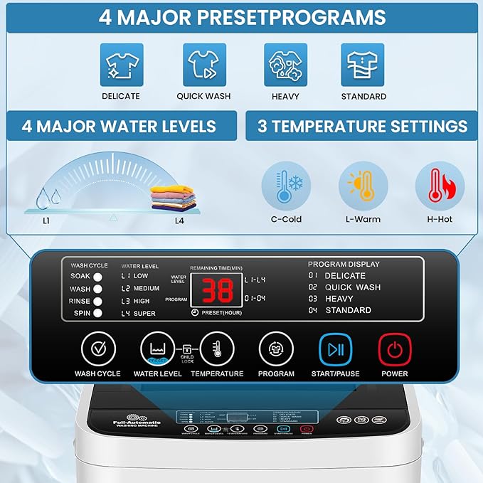 Nictemaw Portable Washing Machine 20Lbs Capacity Portable Washer with Drain Pump 2.8Cu.ft Full-Automatic Compact Washer Machine with 4 Program 4 Water Level 3 Water Temp for Apartment, RV, Dorms