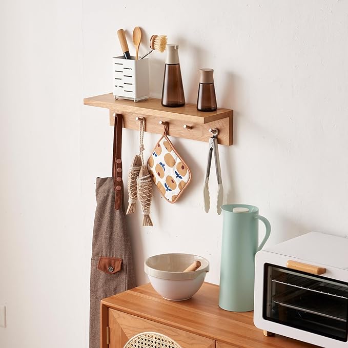 Oak Wood Wall Shelf with 6 Hooks, Entryway Shelf Coat Rack with Hooks Floating Shelves with Hooks for Clothes Hats Towel Purse Robes, Bathroom Mudroom Bedroom (27.5 inch)