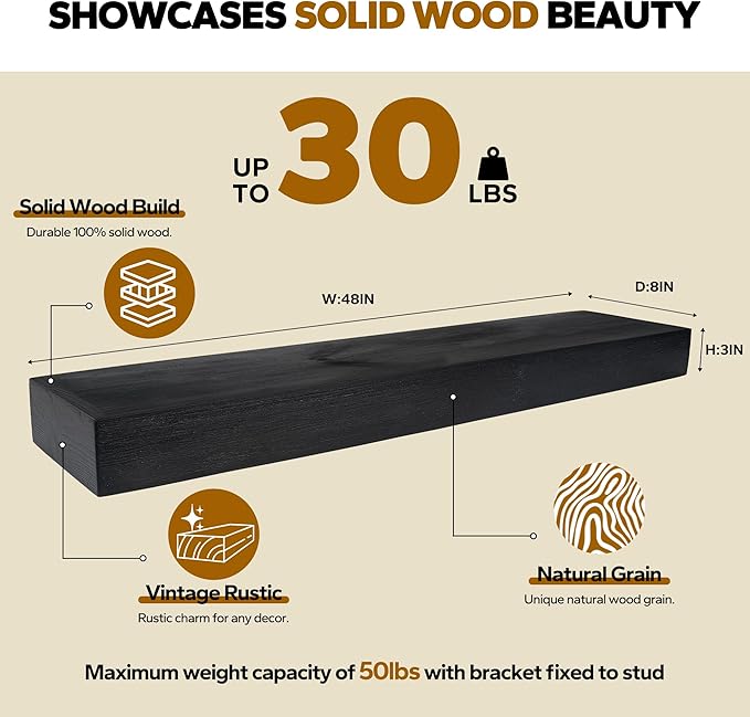 Floating Shelves 3 inch Thick for Wall Set of 2,Solid Pine Wood Wall Mount Shelf for Kitchen Living Room Bedroom Bathroom,8" D x 48" L x 3" H-Black