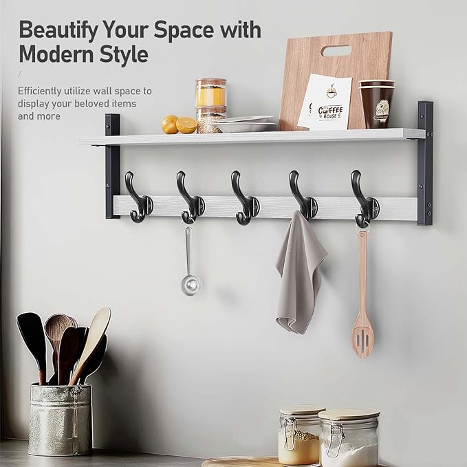 Tatub 29" Coat Rack Wall Mount with Shelf, Entryway Wall Hooks with Shelf, Coat Hangers for Bathroom, Living Room, Bedroom, Rustic White