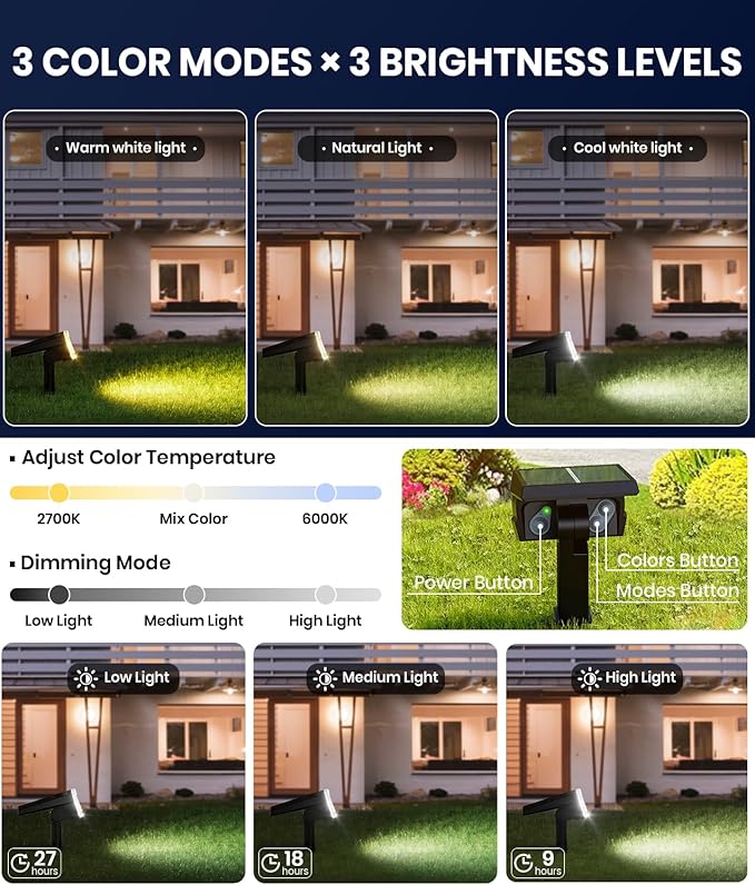 Solar Spot Lights Outdoor,Adjustable Warm&Cool,IP67 Waterproof,3 Color+3 Modes,2-in-1 Wall Lights Solar Powered Spotlights for Pathway/Garden/Yard/Patio/Driveway/Tree/Landscape Lighting Outside Decor