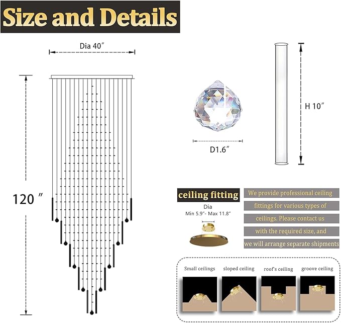 Flashing God 40''X120 High Ceiling Chandelier Crystal Raindrop Gold Chandeliers Staircase Large Chandelier Villa Entrance Foyer Pendant Light Foyer High Ceiling Light 15 GU10 Bulb Dimming