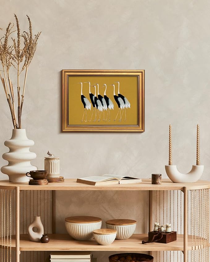 HUARCEY Gold Framed Vintage Wall Art for Living Room, Animals Painting Prints Shelf Decor for Kitchen, Aesthetic Bedroom Wall Art Decor, Christmas Gifts for Friends or Family (Seven Cranes 12"x16")