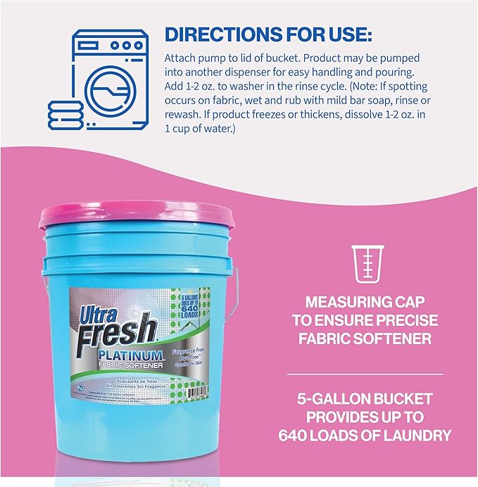 Ultra Fresh 5 Gallon Platinum Fabric Softener for All Machine Types, Liquid Laundry Softener, Up to 640 Loads, Fragrance & Dye Free