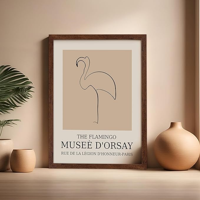 Poster Master Vintage Poster - Retro Minimalist Print - Gift for Artist, Housewarming - Flamingo, Line Drawing, Sketch, Abstract - Wall Decor for Living Room, Bedroom, 16x20 Brown Framed