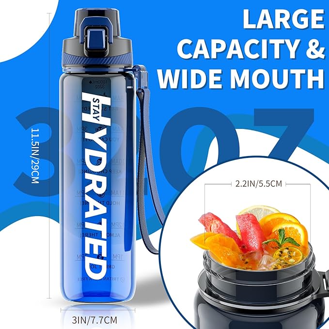 Water Bottle, 32 oz Motivational Water Bottles with Time Marker-Tritan & BPA Free, Sports Water Bottle with Time to Drink & Strap, Wide Mouth, Leakproof -Gift for Christmas Gym Fitness & Outdoor