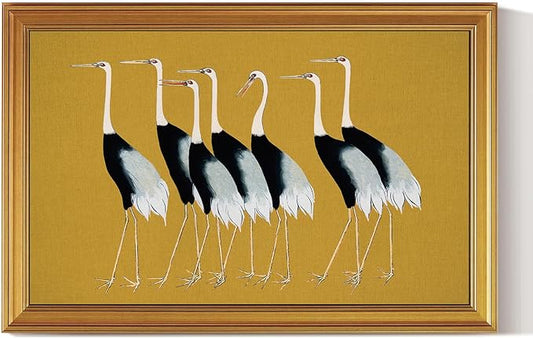 HUARCEY Gold Framed Vintage Wall Art for Living Room, Animals Painting Prints Large Decor for Kitchen, Aesthetic Bedroom Wall Art Decor, Christmas Gifts for Friends or Family (Seven Cranes 24"x36")