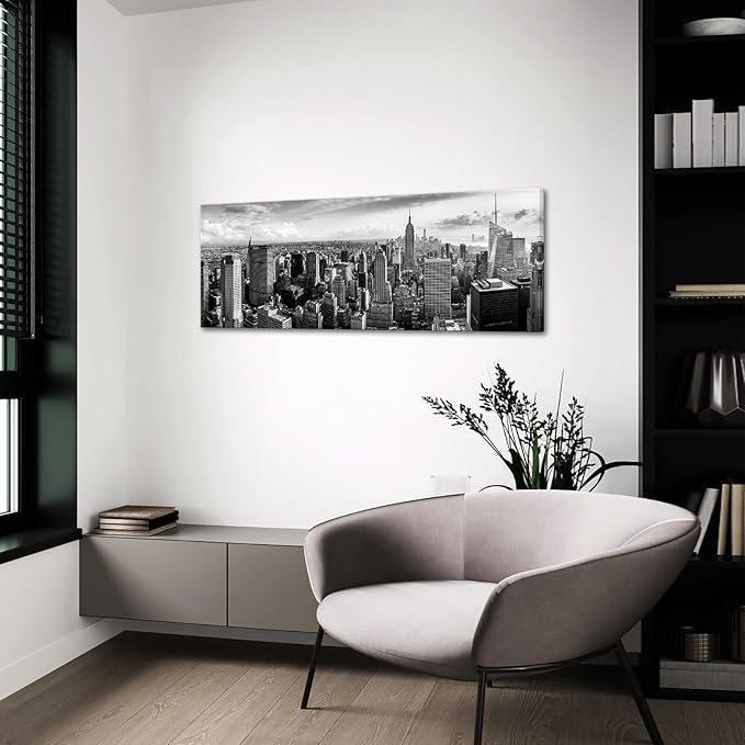 LevvArts New York Canvas Wall Art Black and White City Skyline Picture Panoramic Photo Canvas Print Modern Home Office Living Room Wall Decoration Ready to Hang 20"x55"