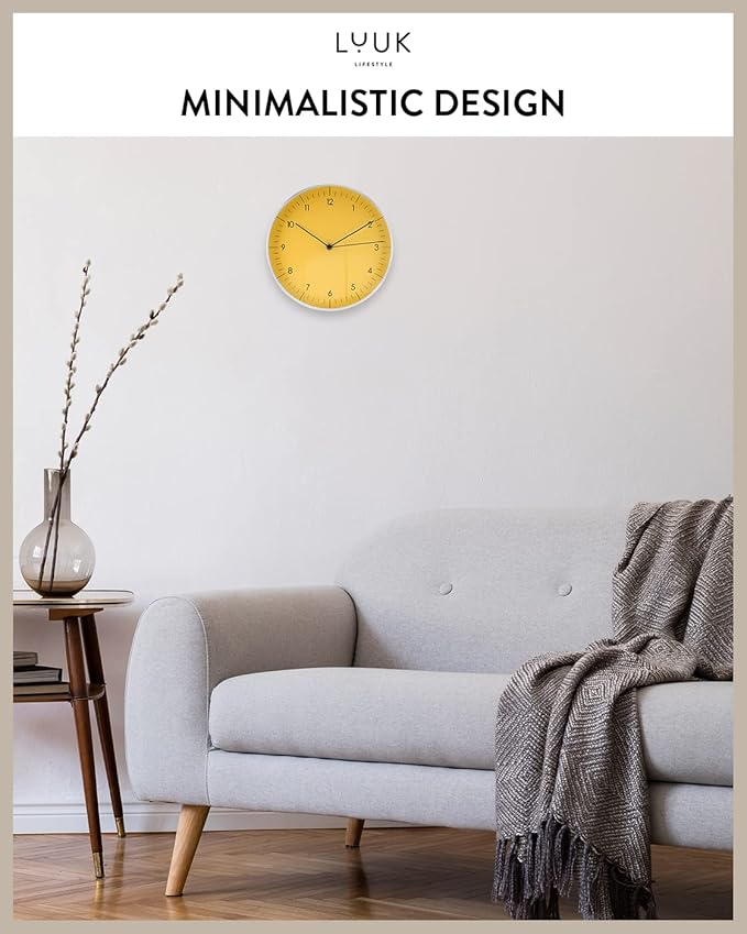 LUUK LIFESTYLE 10” Quartz Wall Clock with Silent Movement, Timeless Scandinavian Design, Kitchen Wall Clock, Decoration for Children's Room, Yellow and Silver