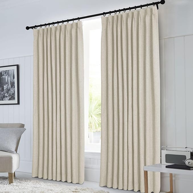 Macochico Pinch Pleated Full Blackout Curtains for Bedroom Living Room Ivory White Linen Curtains Thermal Insulated and Noise Reducing Window Panels with Tieback Shabby Chic Decor 84”Wx84”L 1 Panel