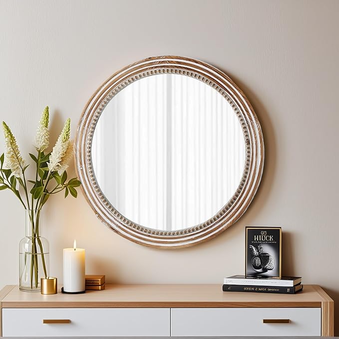 24 Inch Rustic Round Mirror - Farmhouse Vintage Bathroom Vanity Mirror, Wall-Mounted Round Mirrors for Bathroom Sink, Bedroom & Living Room and Framed Decorative Restroom Mirror