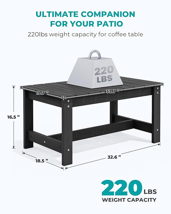 SERWALL Patio Coffee Table, HDPE Rectangle Outdoor Coffee Table Set of 2, Black