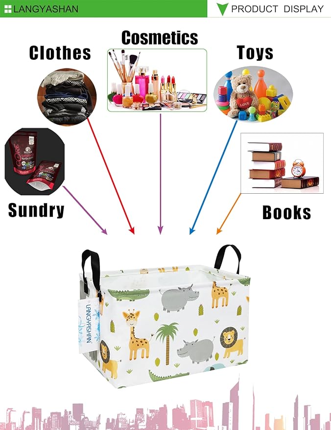 LANGYASHAN Rectangular Storage Bin Collapse Canvas Fabric Cartoon Storage Basket with Handles for Organizing Home Kitchen Boys and Girls Toys Office Closet Shelf Baskets (Rec animal)