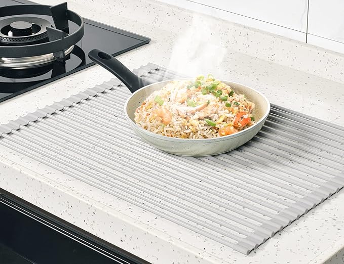 Surpahs Over Sink Foldable Multipurpose Roll-Up Dish Drying Rack, Silicone Wrapped Stainless Steel, Warm Gray, 20.5" x 15.5"