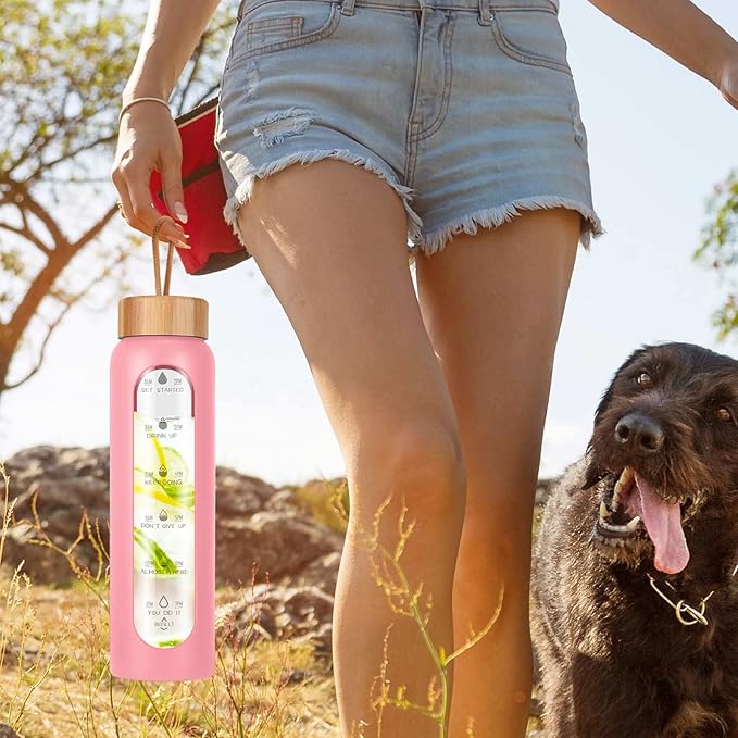 Aqulea Glass Water Bottles 32 Oz with Silicone Sleeve - BPA Free Reusable Wide Mouth Glass Motivational Water Bottles with Fruit Infuser – Leak Proof Borosilicate Water Bottle with Time Marker (Pink)