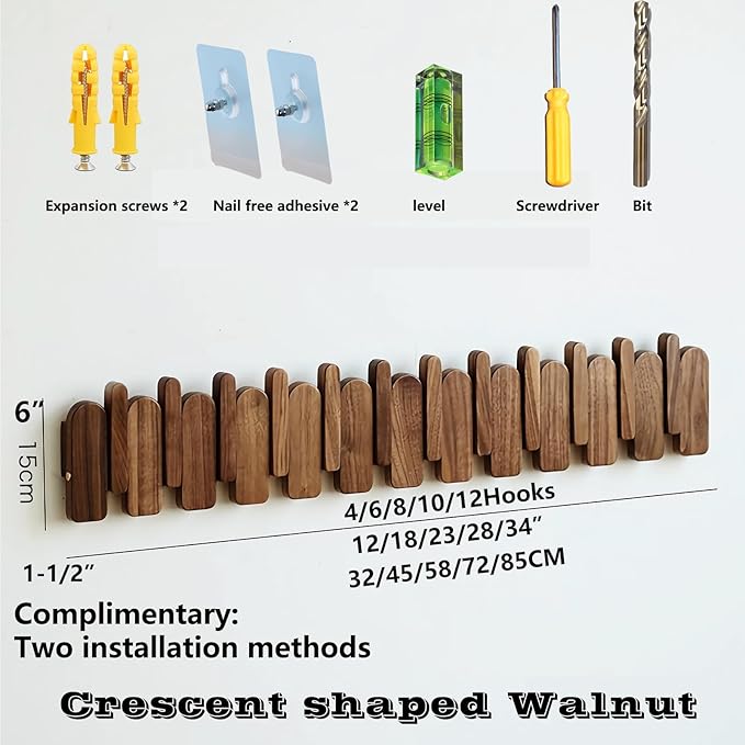 Wall Mounted Piano Key Hanger | Flip Style Hook | Entrance Wall Art Hook, Made of Oak Wood (3 Times Painted, 4 Times Polished) (Arc Walnut-Beech, 8Hooks)