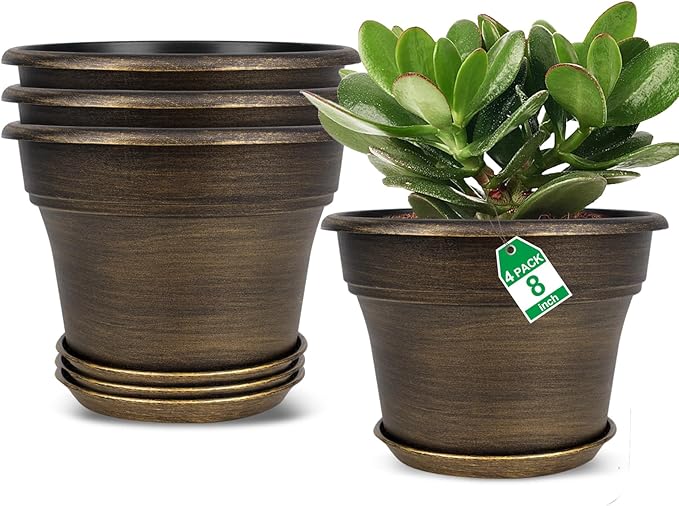 Plant Planters Pots Set of 4 Pack 8 Inch, Plastic Flower Pot for Indoor Plants with Drainage Holes & Trays, Resin Decorative Container Sets with Saucer for House Outdoor Garden Planters Dark Gold